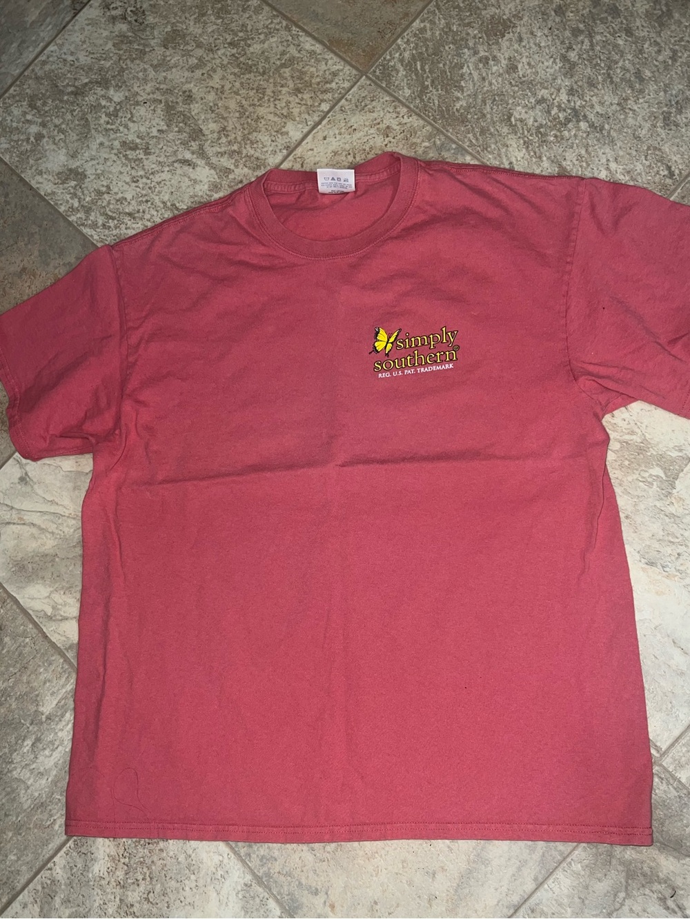 Simply Southern women Short-Sleeve Tee in Coral Red with Yellow Logo large